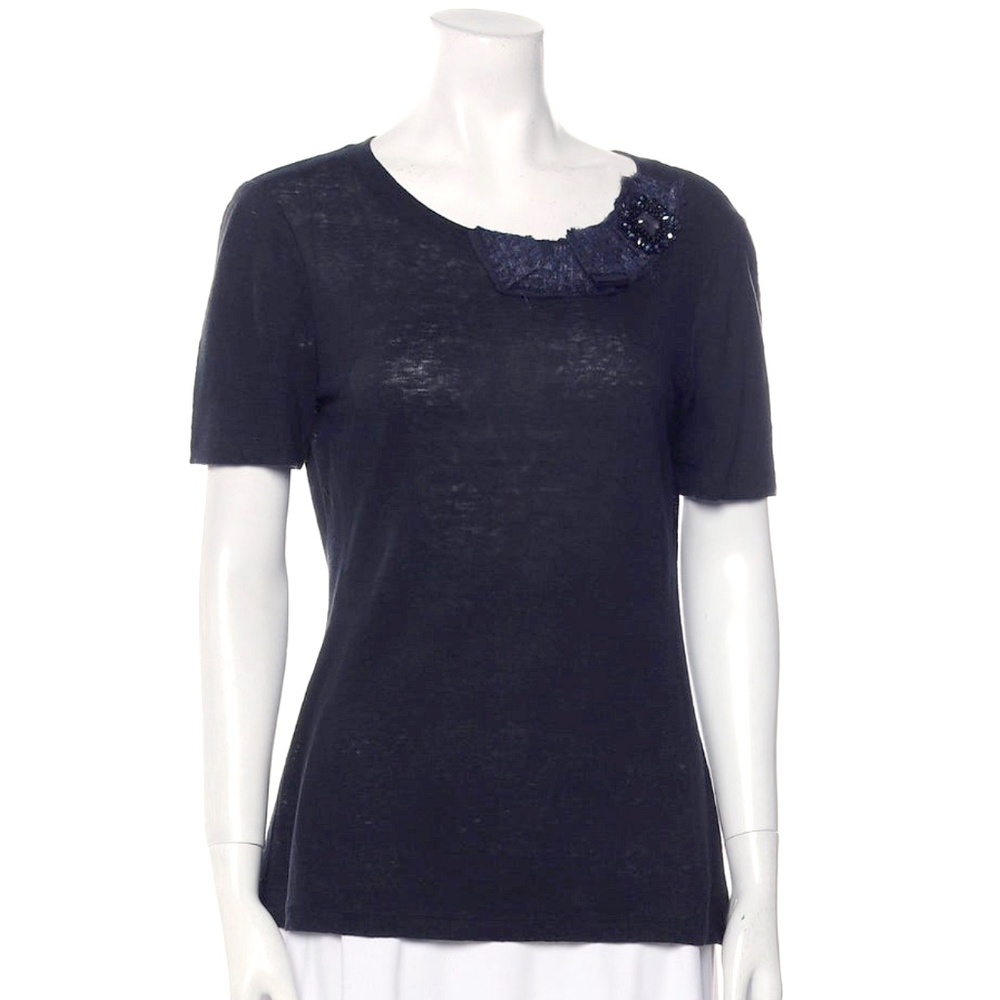 TORY BURCH Marcella Embellished Black/Navy Linen Short Sleeve Tee / Size Small